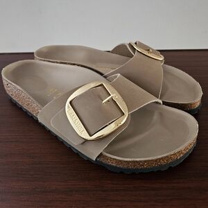 Birkenstock Women's Madrid Big Buckle Slide - Taupe with Gold Buckle